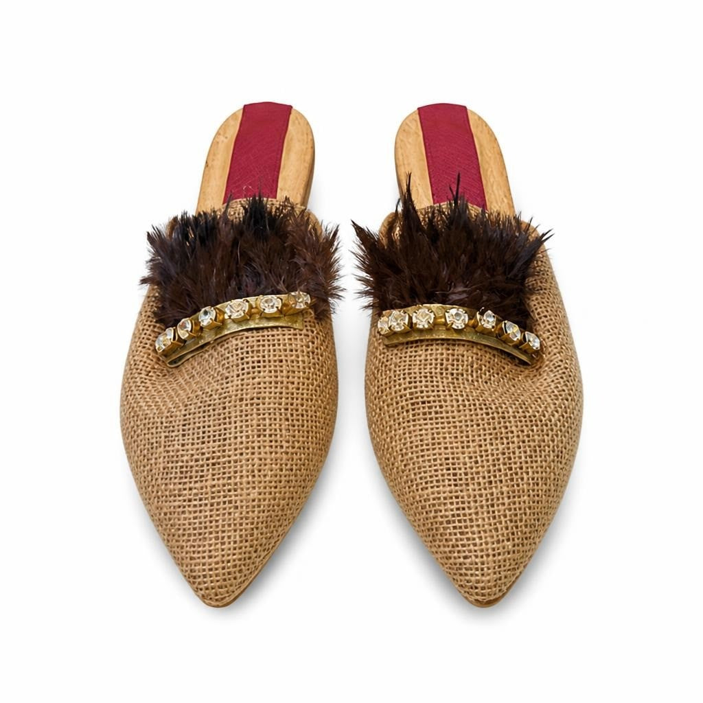 Natural Jute Mule with Feather Trim and Rhinestone Band - pre-loved at Why Go Less, Lebanon