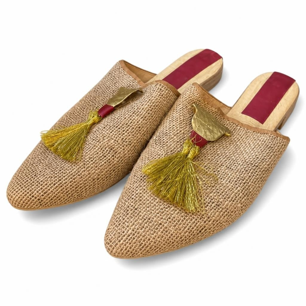 Natural Jute Mule with Lime Gold Tassel Detail - pre-loved at Why Go Less, Lebanon
