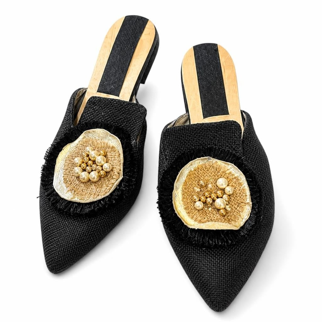 Black Woven Mule Flats W/ Gold Beaded Flower Detail - pre-loved at Why Go Less, Lebanon