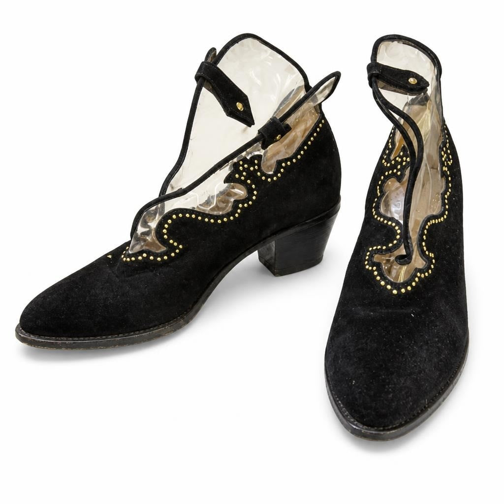 Black Suede Ankle-strap Heels W/ Gold Stud Detail - pre-loved at Why Go Less, Lebanon