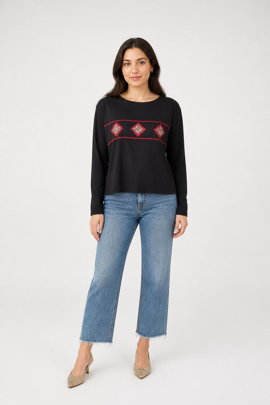 Black Long-sleeve Top W/ Red Embroidered Diamond Trim - pre-loved at Why Go Less, Lebanon