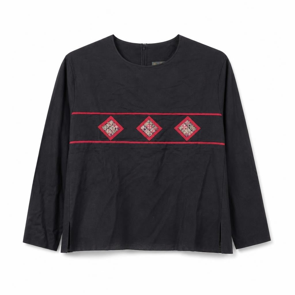 Black Long-sleeve Top W/ Red Embroidered Diamond Trim - pre-loved at Why Go Less, Lebanon