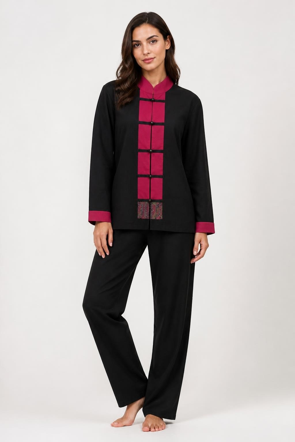 Black & Red Mandarin-collar Jacket W/ Frog Buttons - pre-loved at Why Go Less, Lebanon