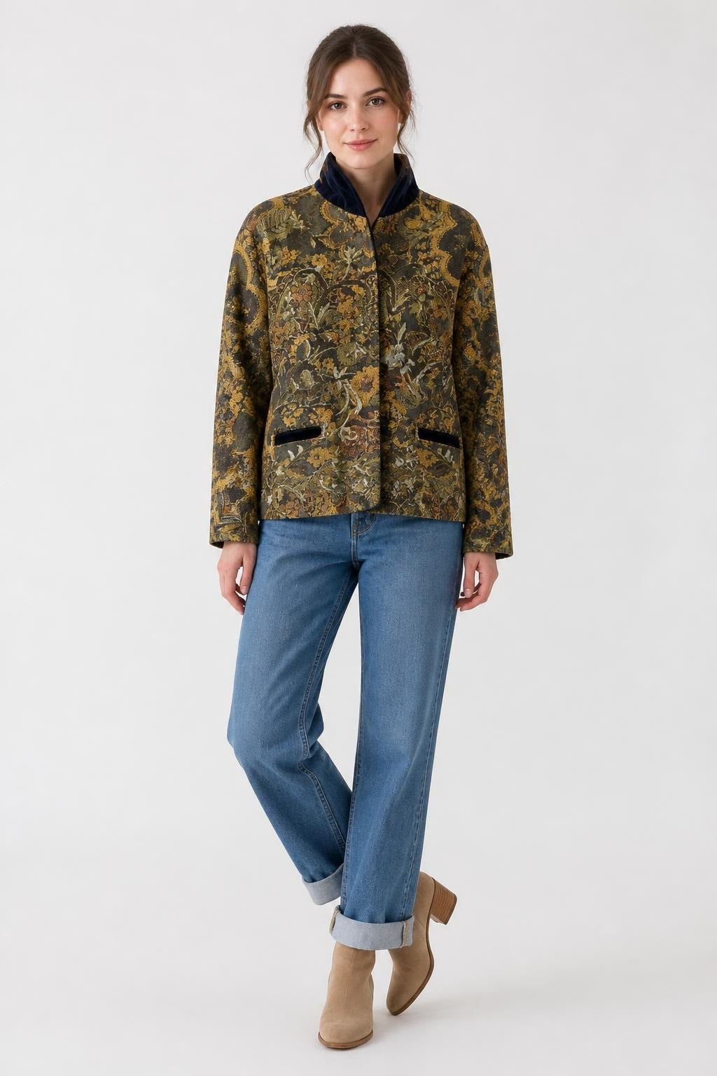 Nadia Comi Floral Tapestry Blazer Gold/navy - pre-loved at Why Go Less, Lebanon
