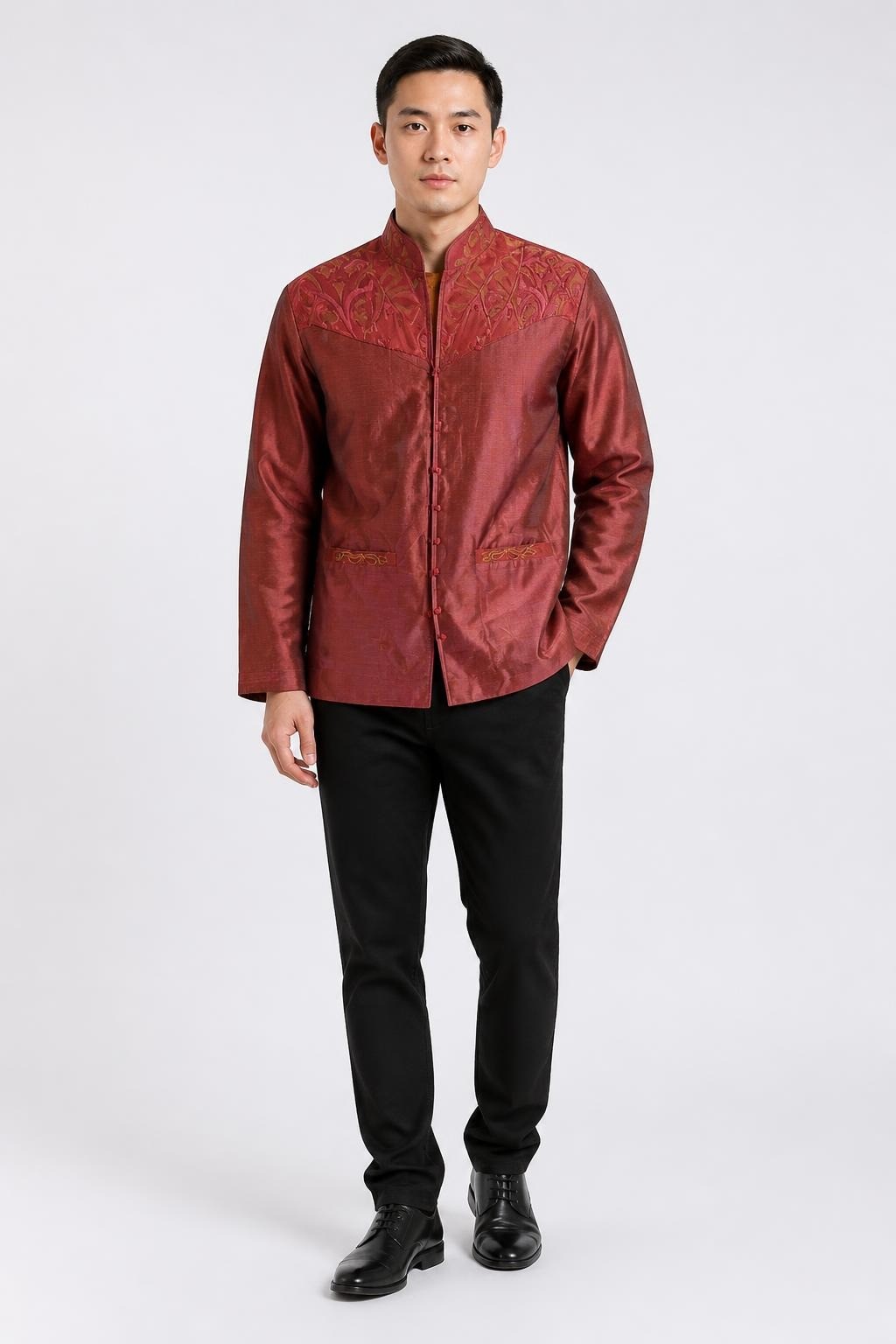 Nadia Comi Burgundy Embroidered Silk Shirt - pre-loved at Why Go Less, Lebanon
