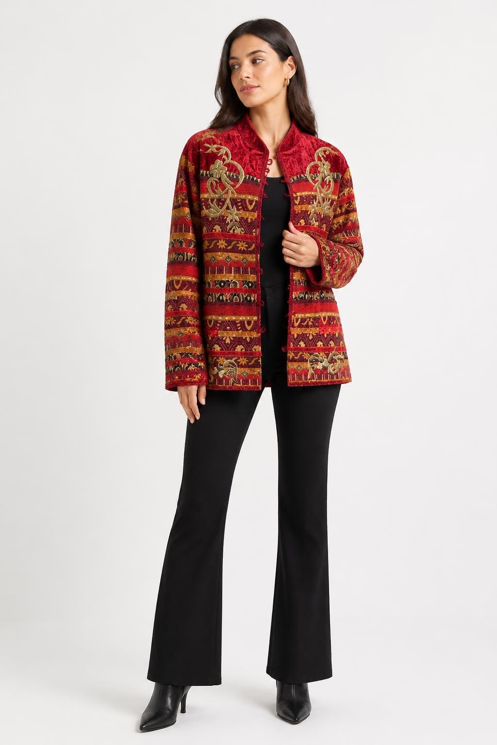 Nadia Comi Red Velvet Embroidered Ethnic Jacket - pre-loved at Why Go Less, Lebanon