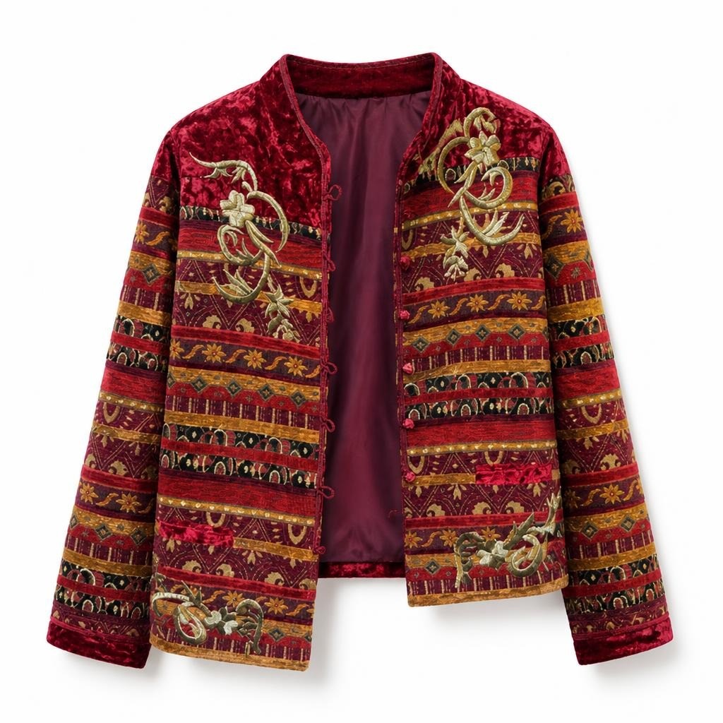 Nadia Comi Red Velvet Embroidered Ethnic Jacket - pre-loved at Why Go Less, Lebanon