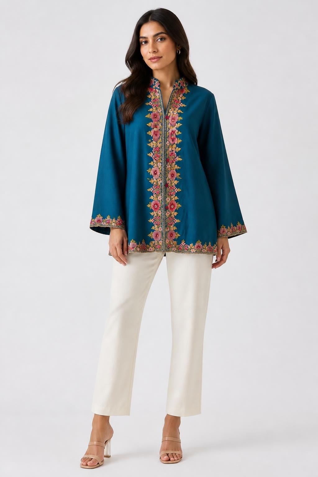 Teal Silk-look Embroidered Floral Jacket/top - pre-loved at Why Go Less, Lebanon