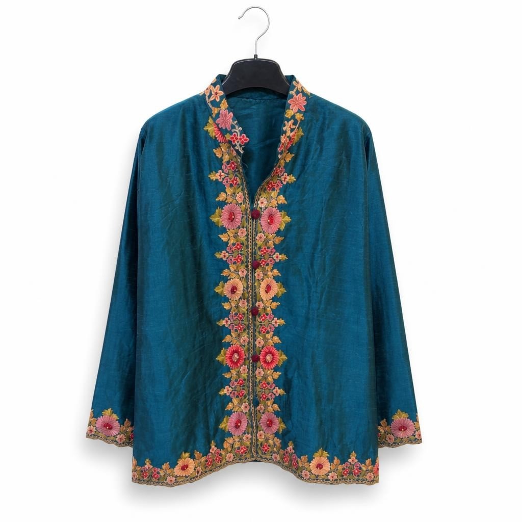 Teal Silk-look Embroidered Floral Jacket/top - pre-loved at Why Go Less, Lebanon