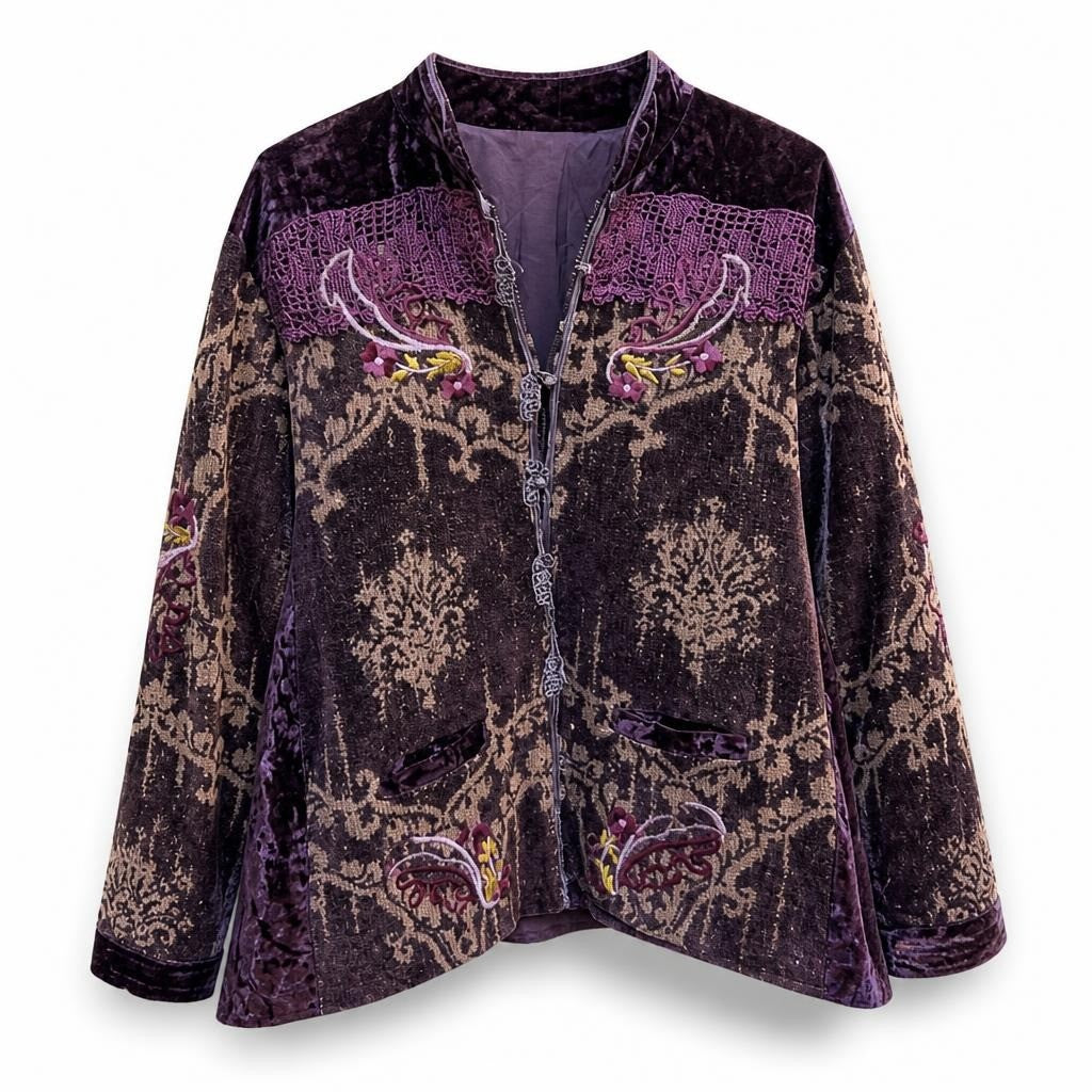 Purple Velvet Brocade Embroidered Jacket - pre-loved at Why Go Less, Lebanon