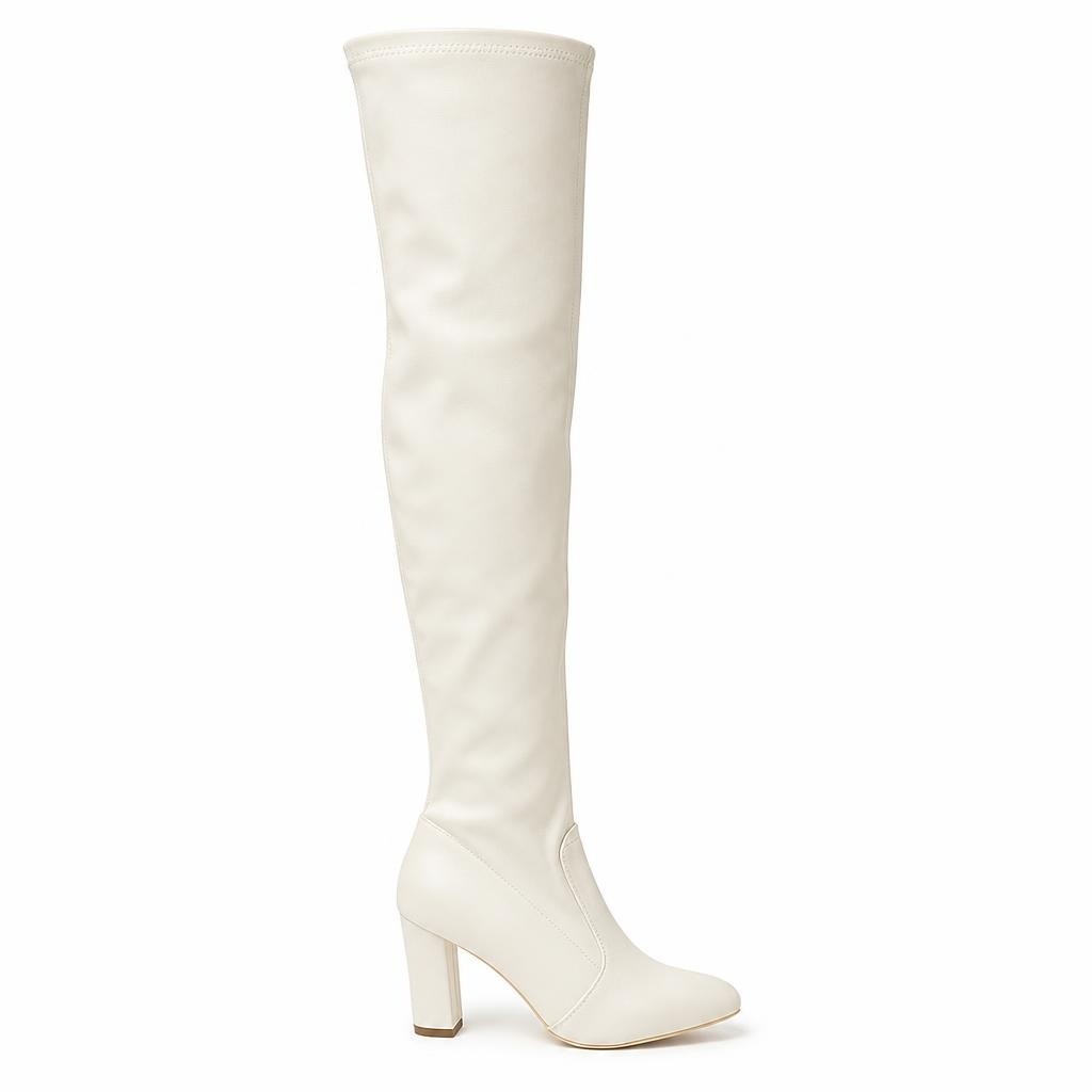 White Over-the-knee Stretch Block Heel Boot - pre-loved at Why Go Less, Lebanon
