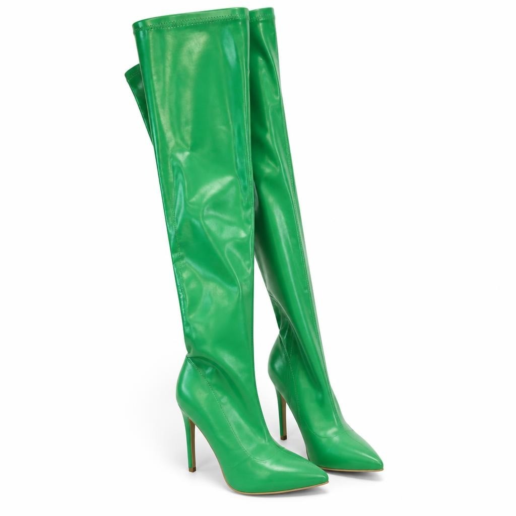Green Over-the-knee Stretch Stiletto Boot - pre-loved at Why Go Less, Lebanon