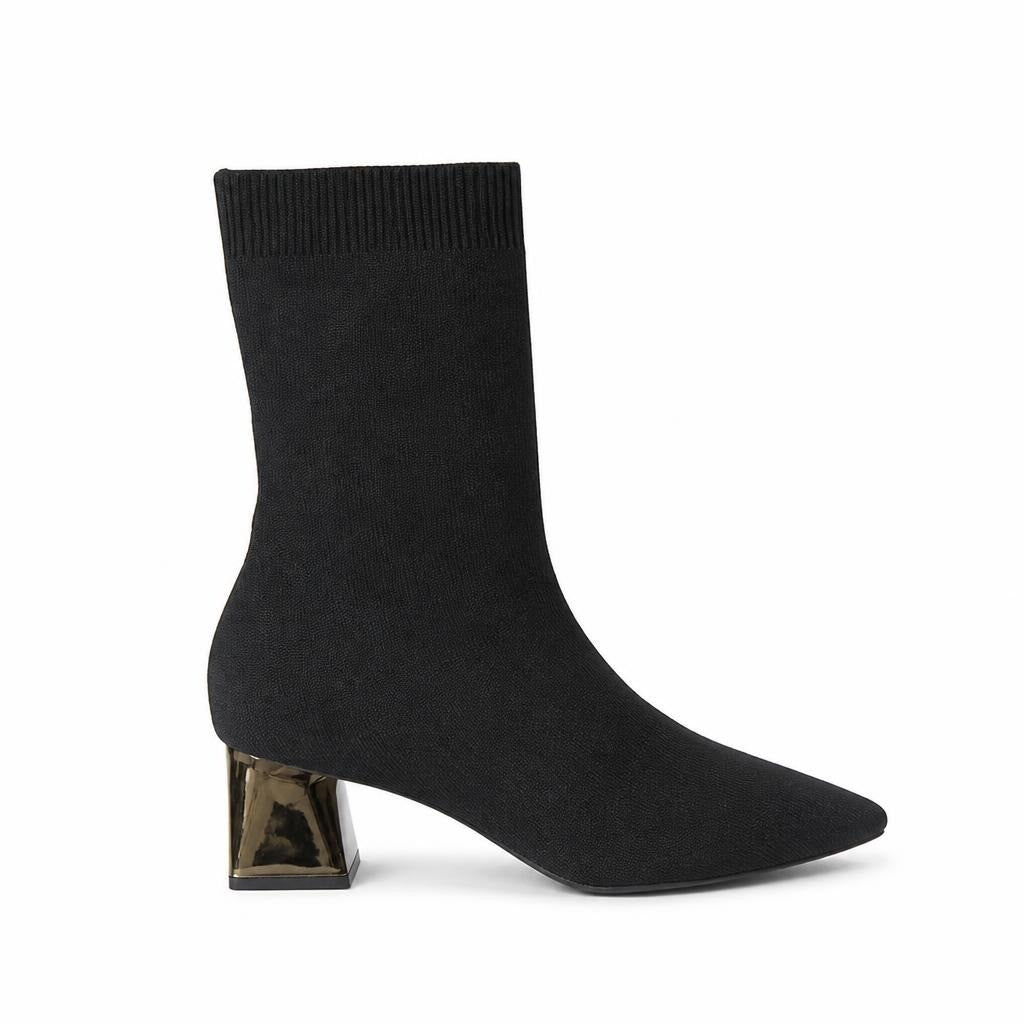 Black Knit Sock Ankle Boot Gold Block Heel - pre-loved at Why Go Less, Lebanon