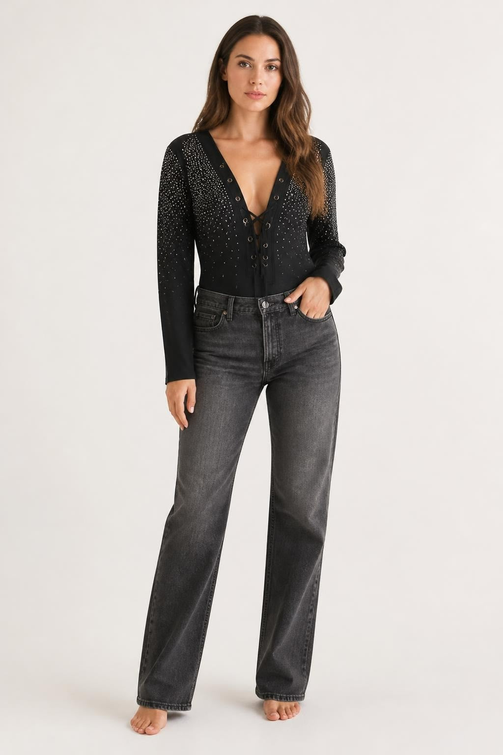 Rhinestone Black Bodysuit, Long Sleeve, Lace-up Front - new at Why Go Less, Lebanon