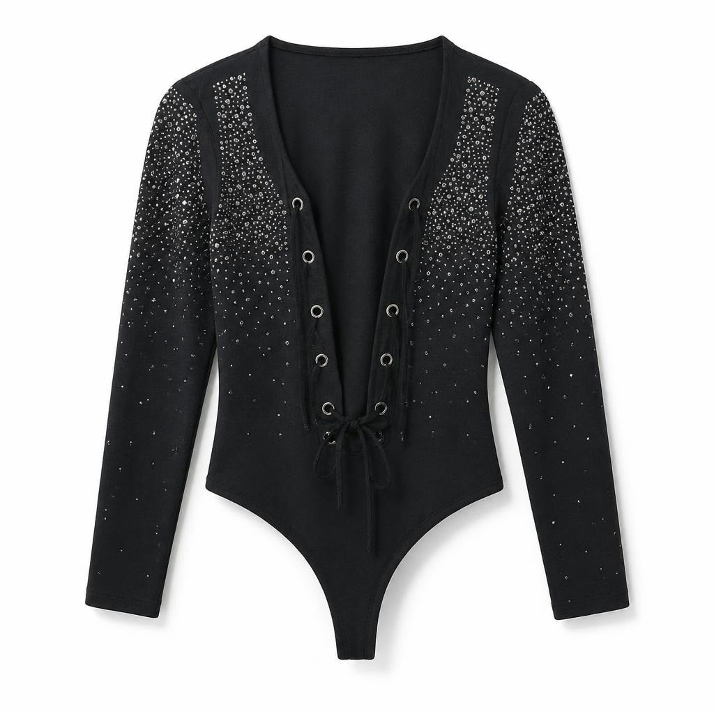Rhinestone Black Bodysuit, Long Sleeve, Lace-up Front - new at Why Go Less, Lebanon