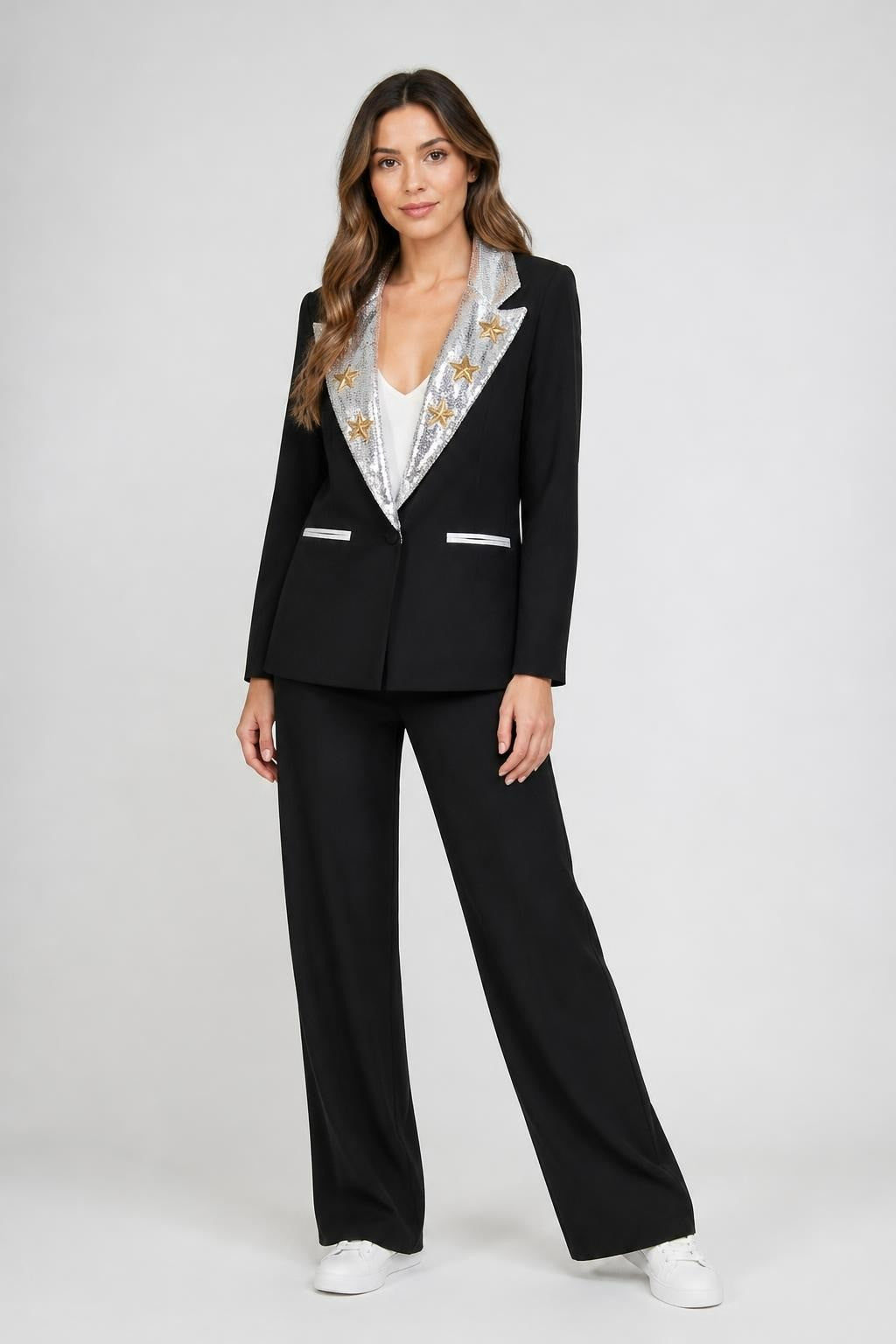 Black Blazer, Sequin Star Lapels, Gold Star Patches - pre-loved at Why Go Less, Lebanon