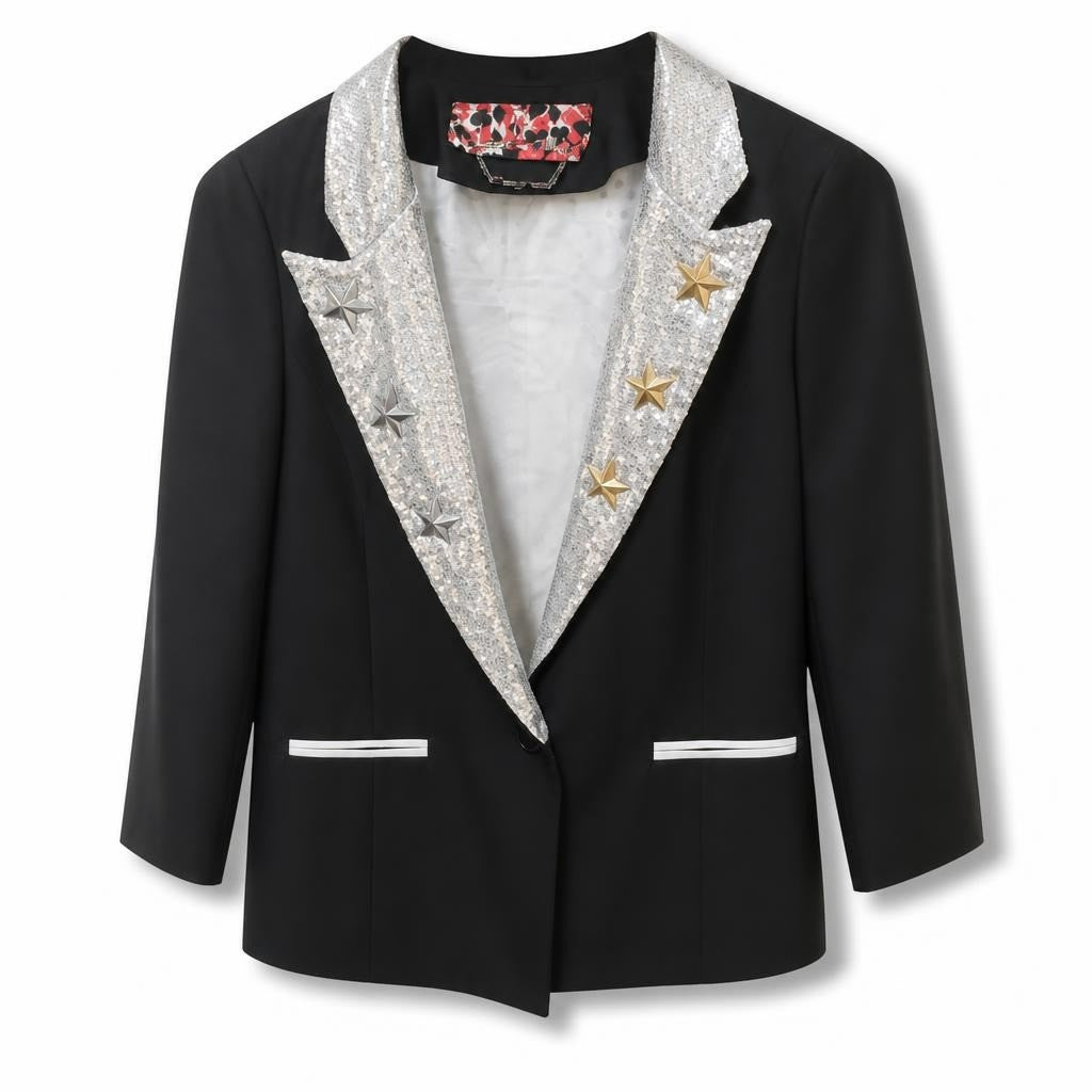 Black Blazer, Sequin Star Lapels, Gold Star Patches - pre-loved at Why Go Less, Lebanon