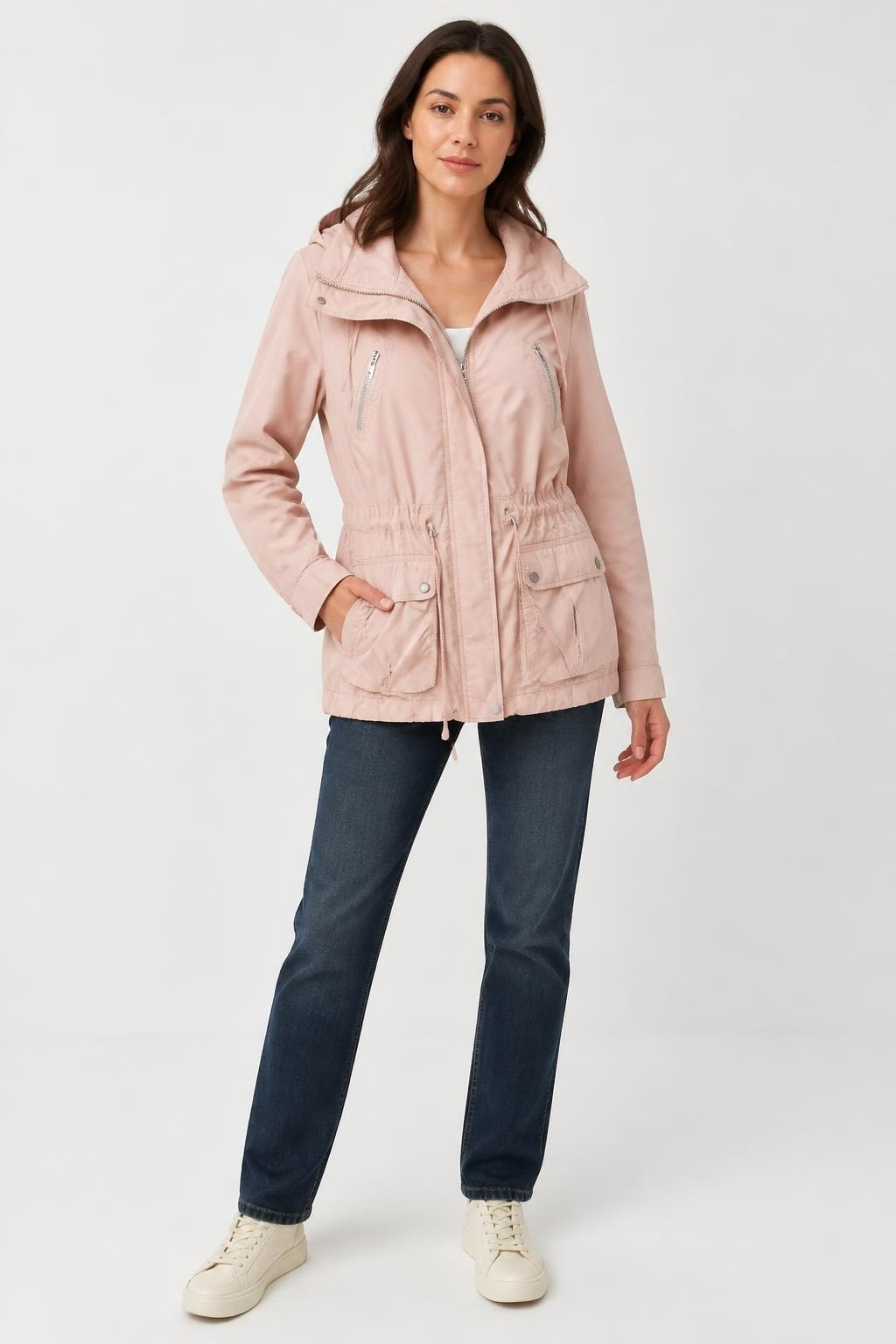 Light Pink Hooded Utility Jacket, Drawstring Waist - pre-loved at Why Go Less, Lebanon