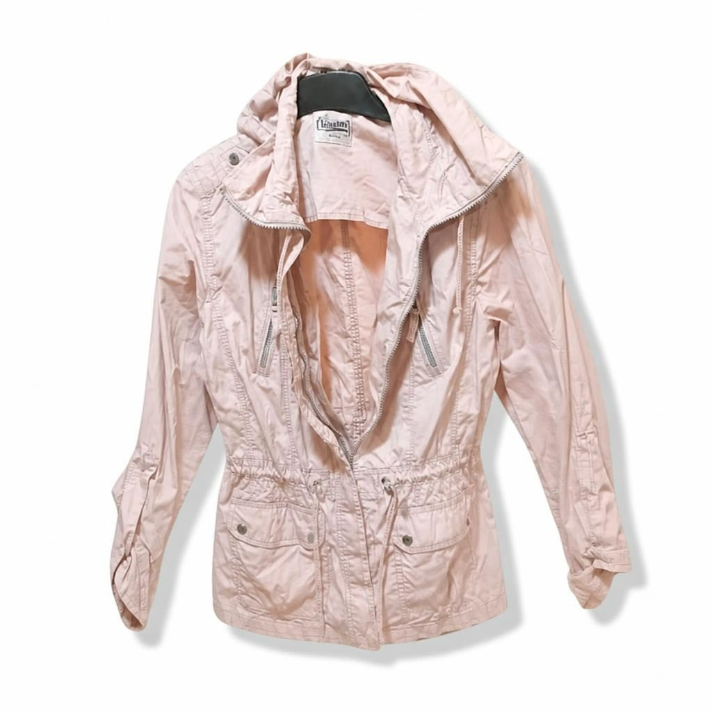 Light Pink Hooded Utility Jacket, Drawstring Waist - pre-loved at Why Go Less, Lebanon