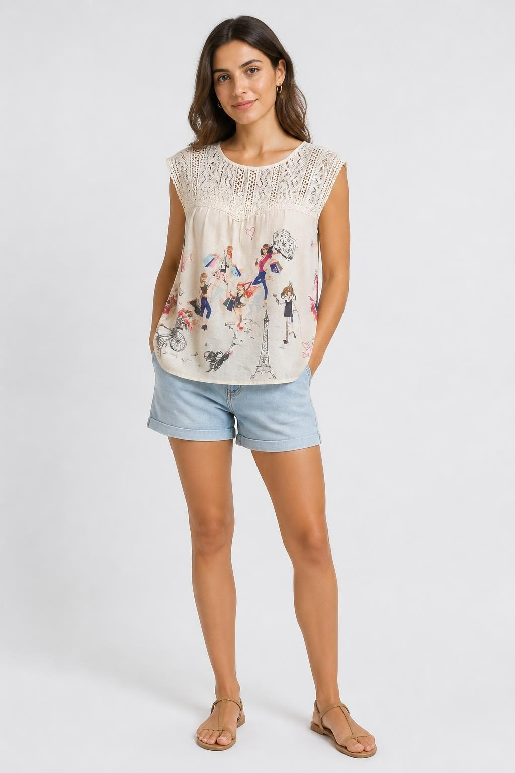 Graphic Lace-yoke White Blouse, Fashion Print - pre-loved at Why Go Less, Lebanon