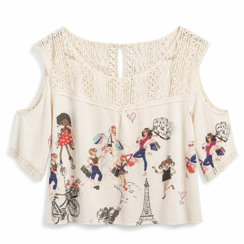 Graphic Lace-yoke White Blouse, Fashion Print - pre-loved at Why Go Less, Lebanon