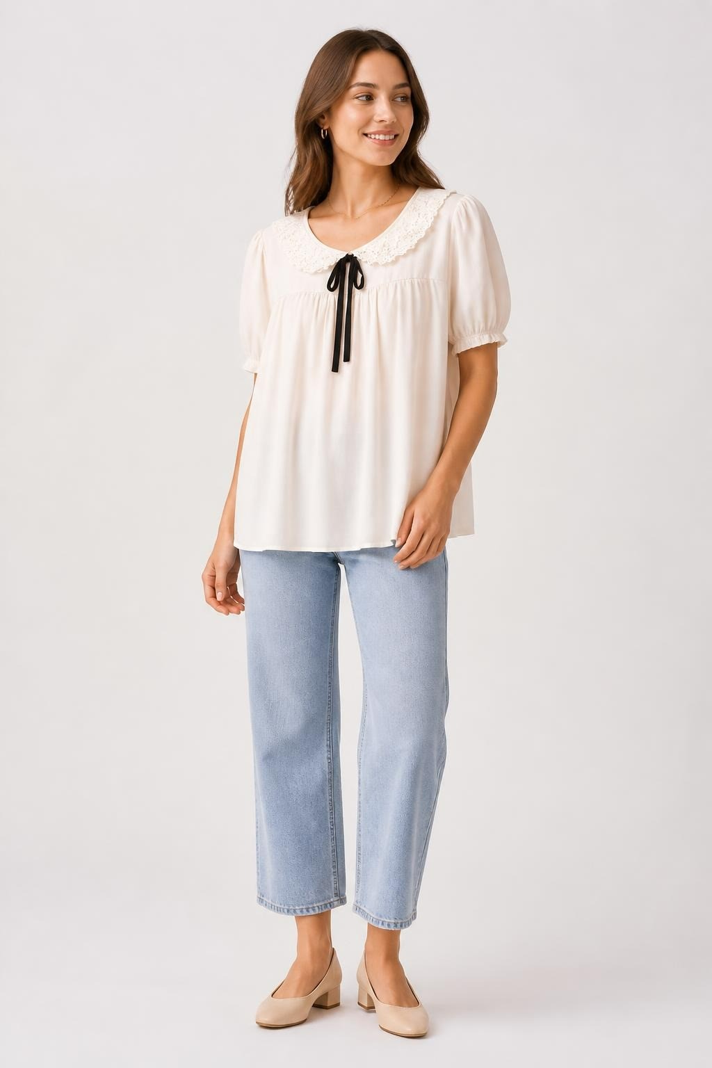 Forever 21 Cream Lace-collar Blouse with Bow - pre-loved at Why Go Less, Lebanon