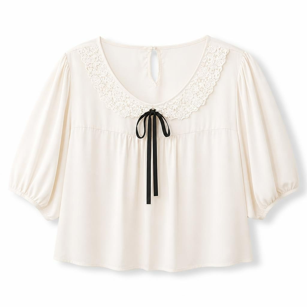 Forever 21 Cream Lace-collar Blouse with Bow - pre-loved at Why Go Less, Lebanon