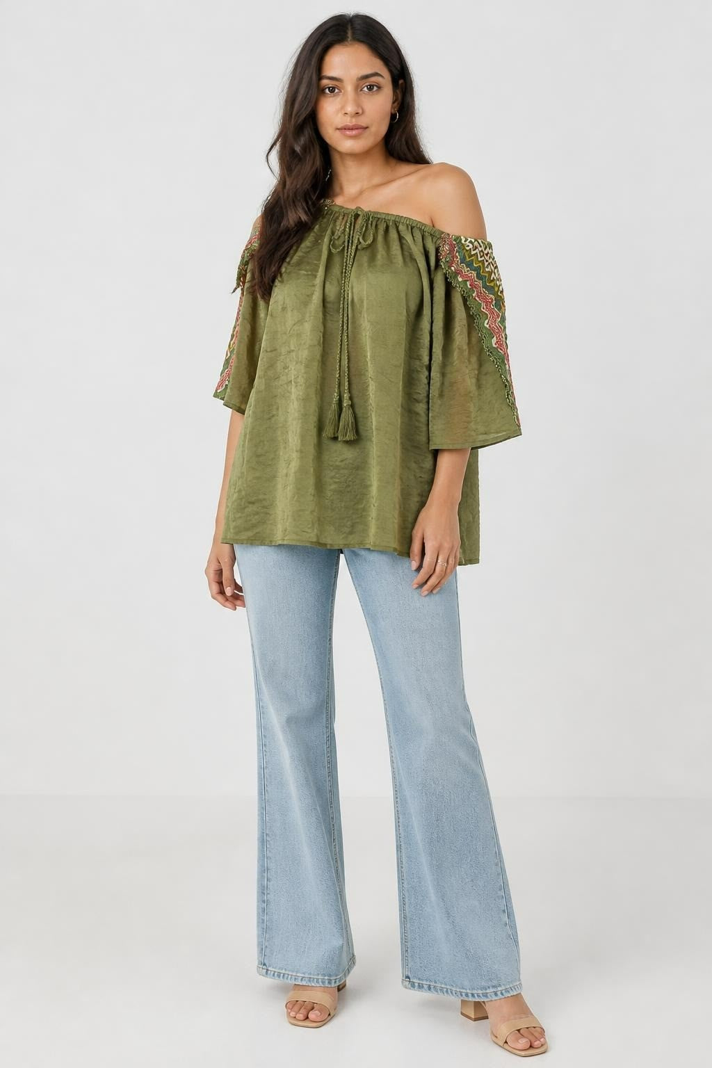 Olive Green Boho Off-shoulder Embroidered Top - pre-loved at Why Go Less, Lebanon