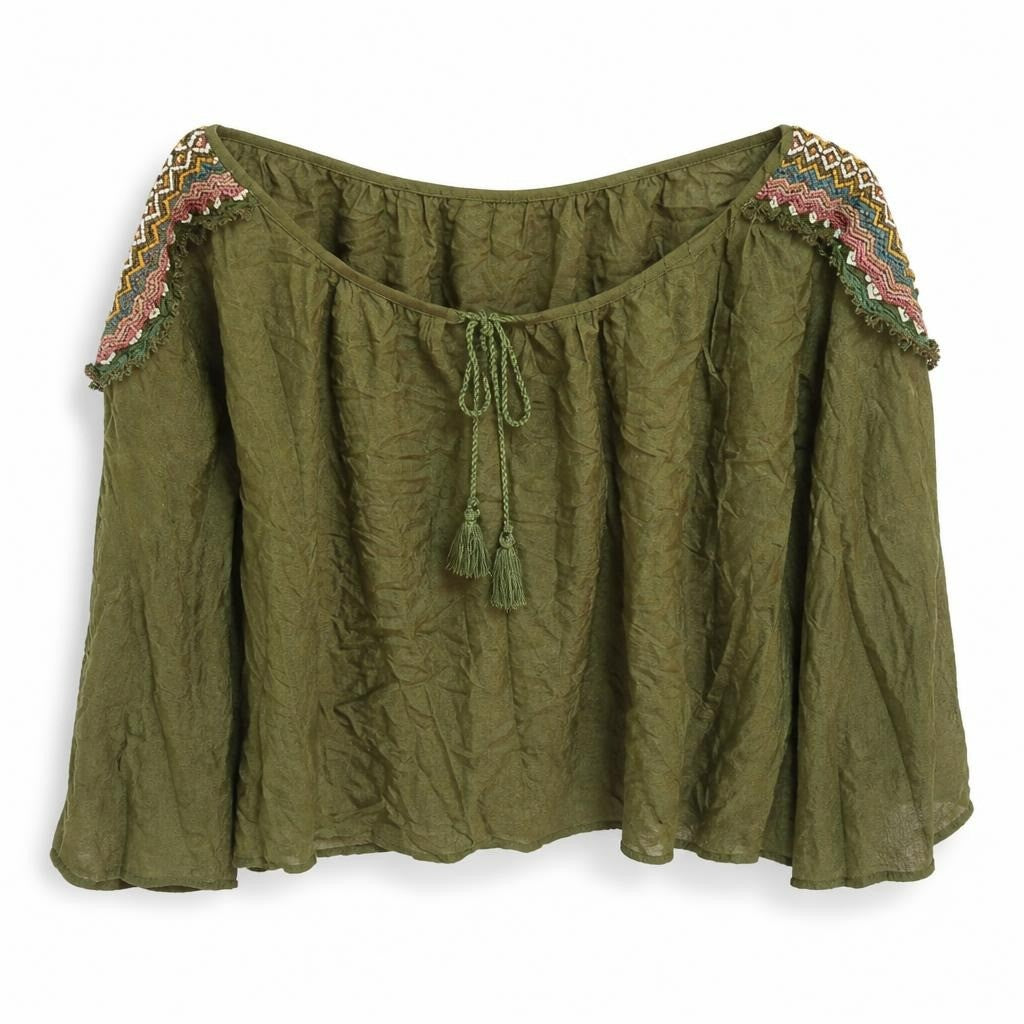 Olive Green Boho Off-shoulder Embroidered Top - pre-loved at Why Go Less, Lebanon