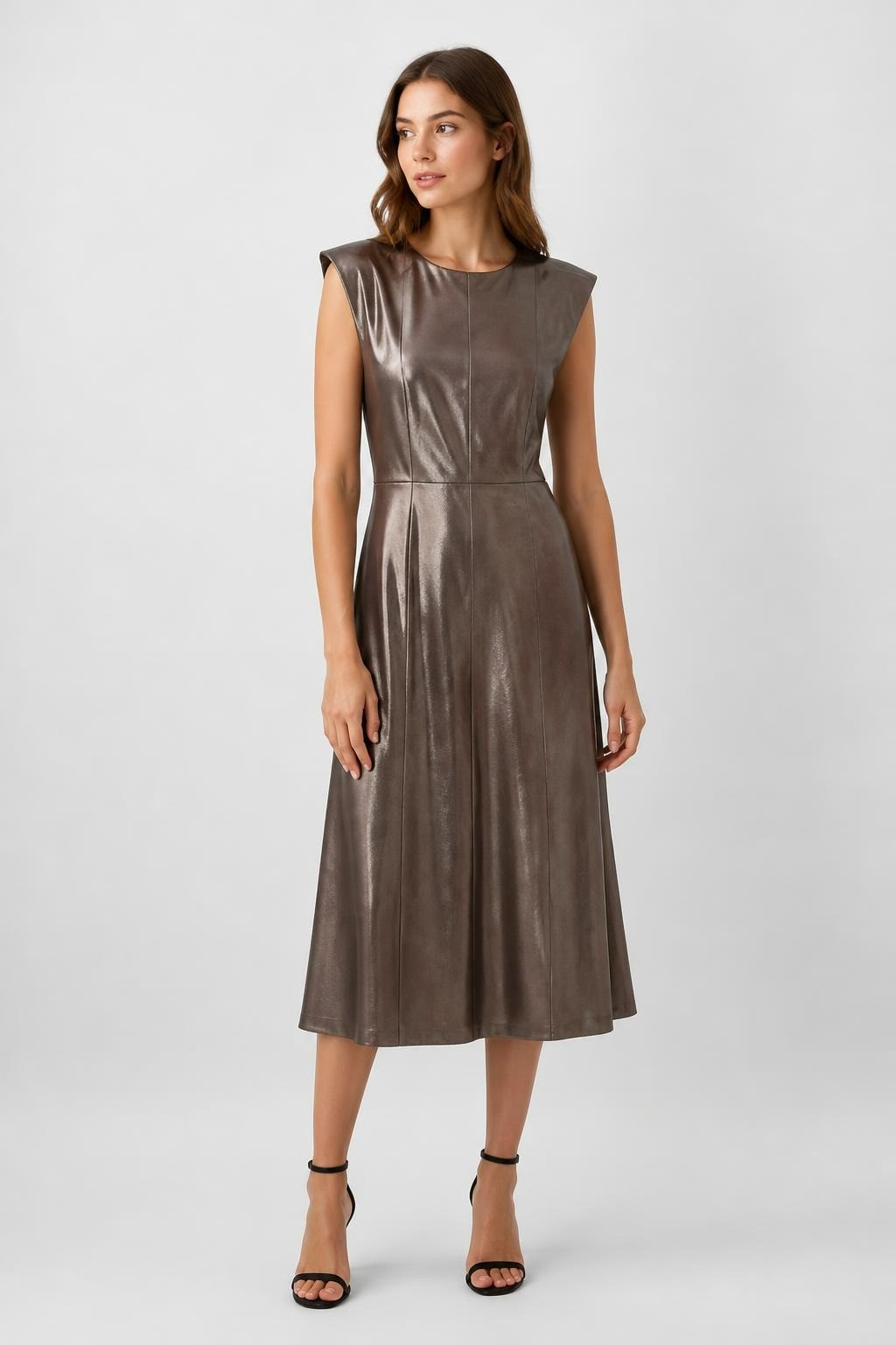 Metallic Bronze Faux-leather Sleeveless Dress - pre-loved at Why Go Less, Lebanon