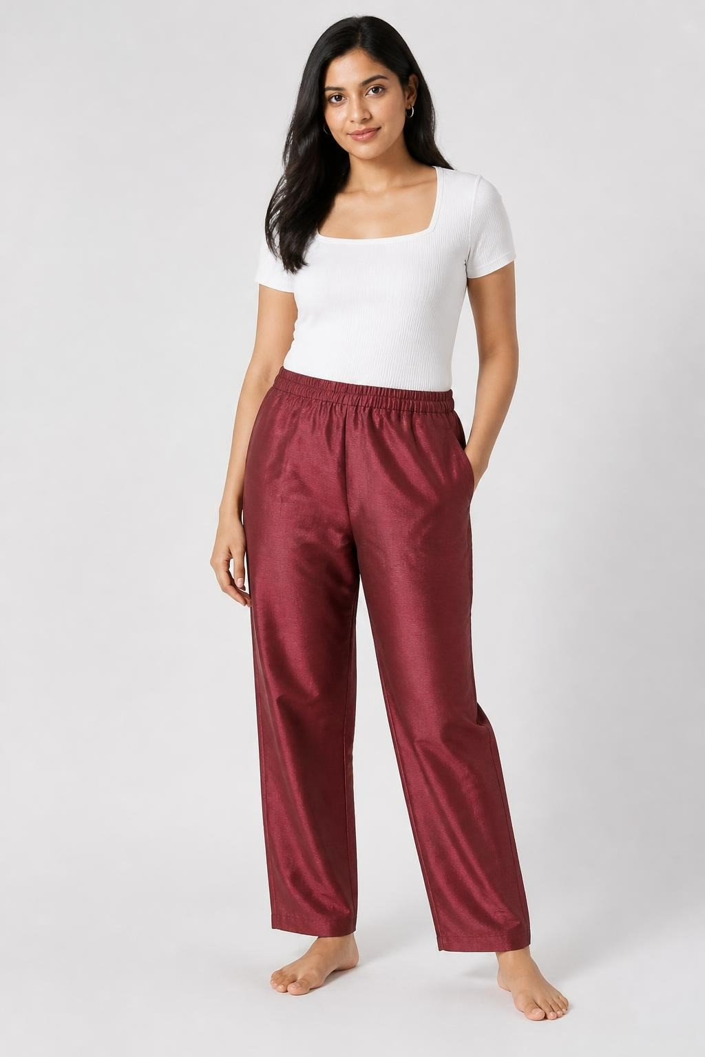 Dark Red Elasticated-waist Wide Trousers, Size S - pre-loved at Why Go Less, Lebanon