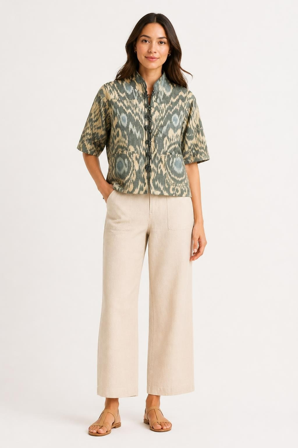 Ikat-print Collarless Blazer, Teal/beige - pre-loved at Why Go Less, Lebanon