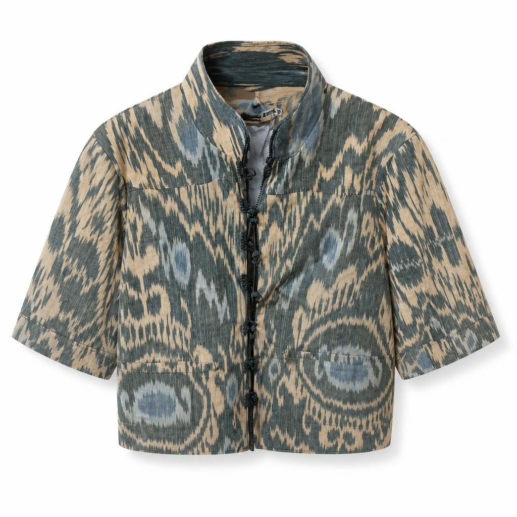 Ikat-print Collarless Blazer, Teal/beige - pre-loved at Why Go Less, Lebanon