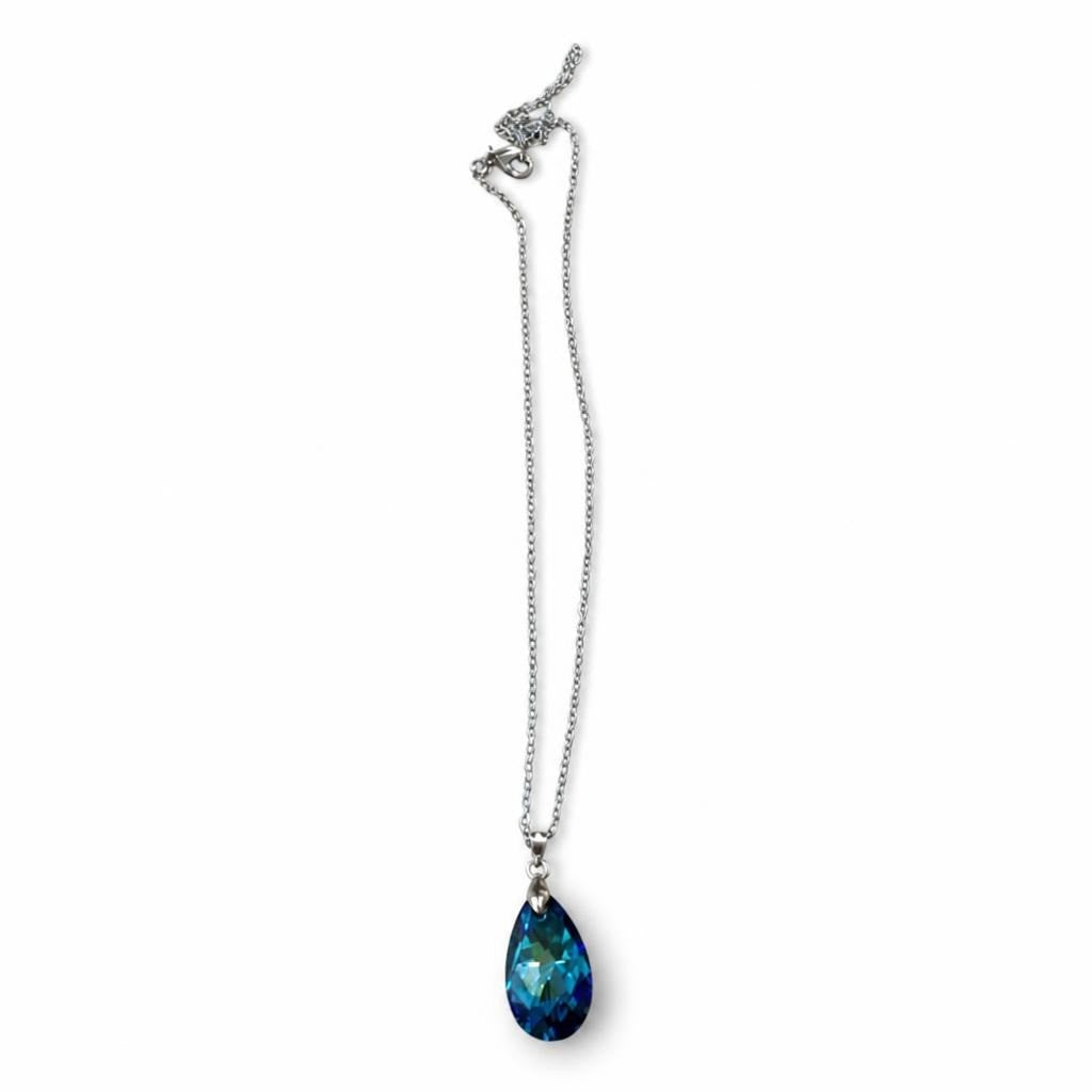 Crystal Teardrop Pendant Silver Chain Necklace Blue - pre-loved at Why Go Less, Lebanon