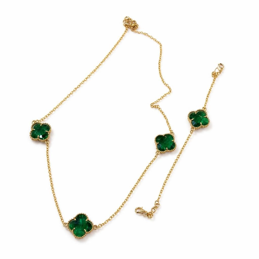 Green Clover Four-leaf Gold Chain Necklace Bracelet Set - pre-loved at Why Go Less, Lebanon
