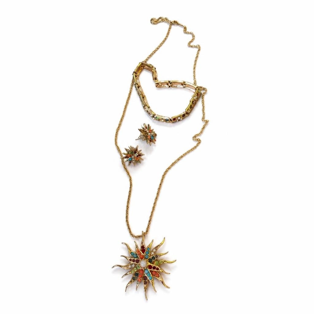 Multicolor Starburst Gold Necklace Bracelet Ring Set - pre-loved at Why Go Less, Lebanon