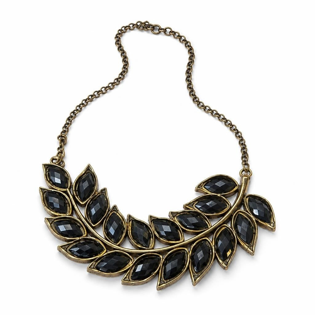 Black Crystal Leaf Statement Necklace Antique Gold - pre-loved at Why Go Less, Lebanon
