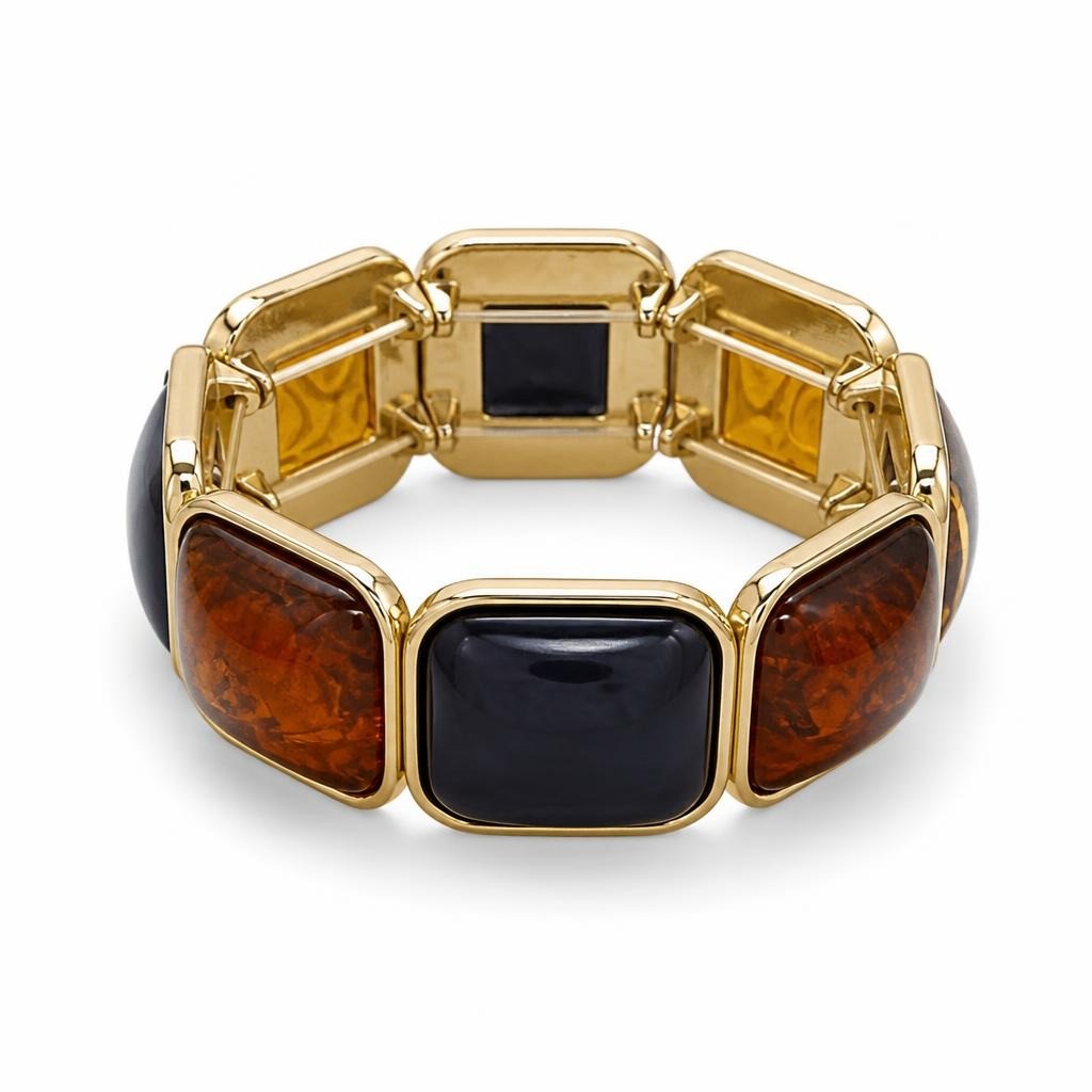Gold-tone Amber & Navy Resin Stretch Bracelet - pre-loved at Why Go Less, Lebanon