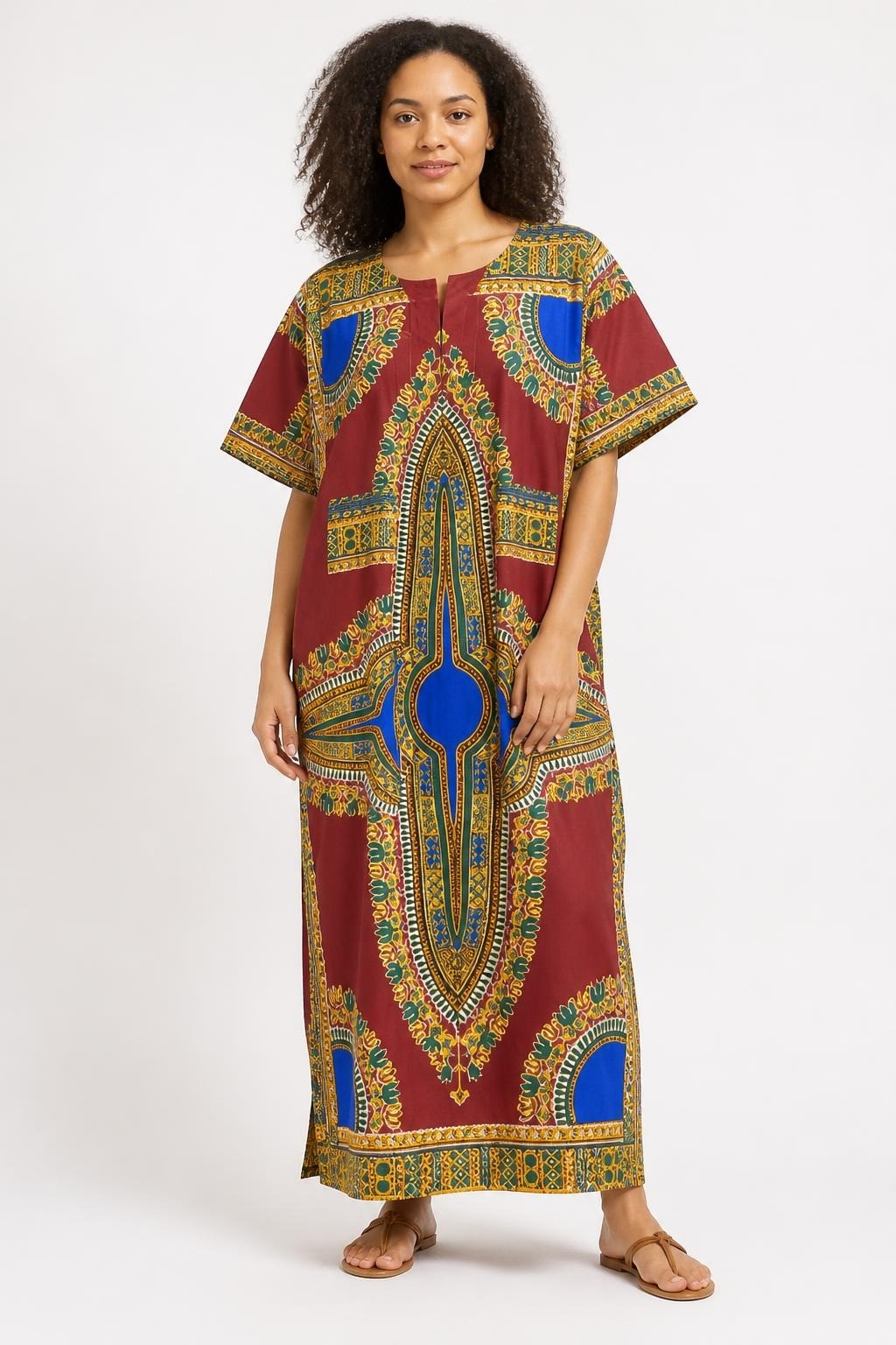 Dashiki African Print Caftan Dress Burgundy Blue - pre-loved at Why Go Less, Lebanon