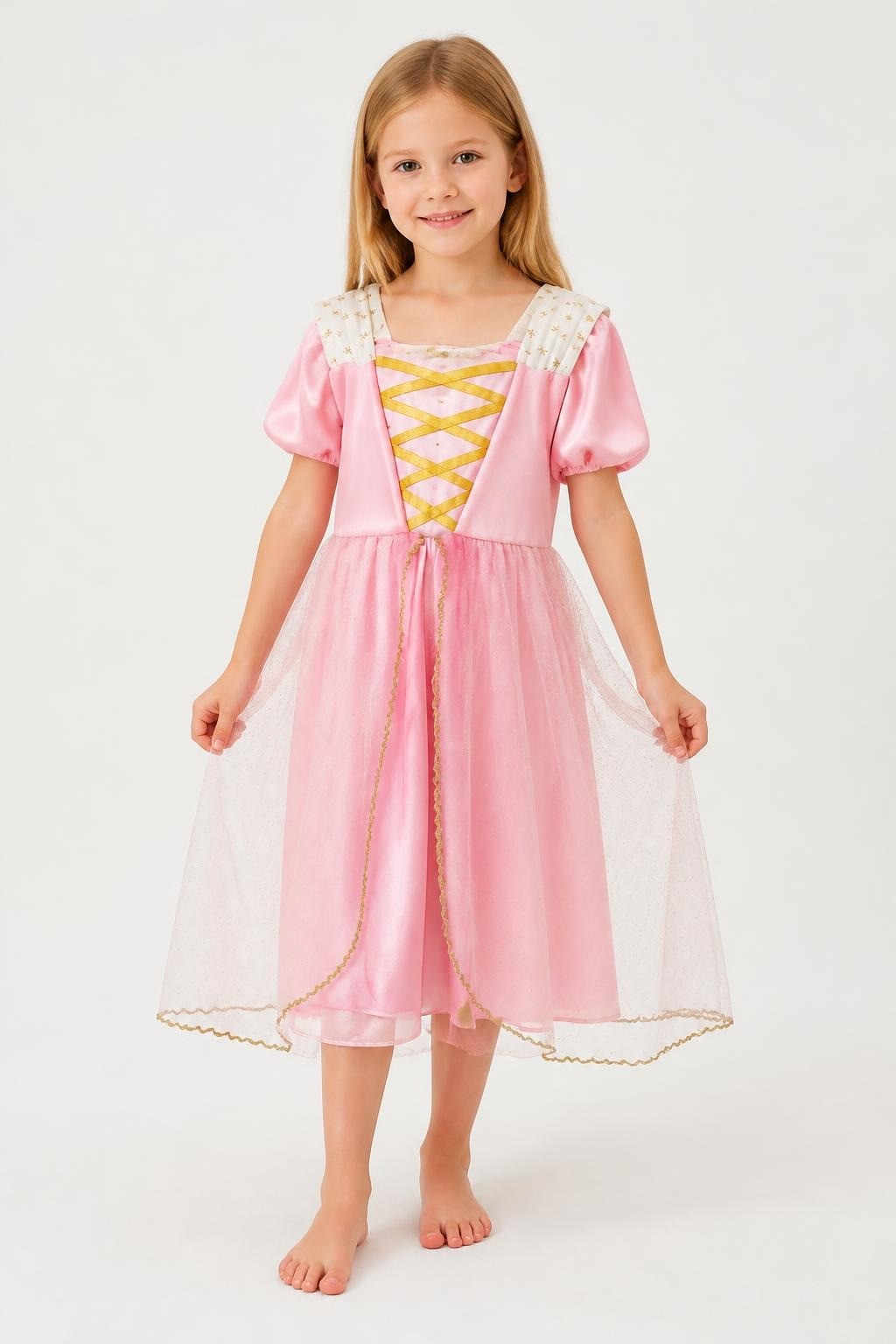 Pink Princess Dress, Gold Lace-up Bodice, Tulle Skirt - pre-loved at Why Go Less, Lebanon