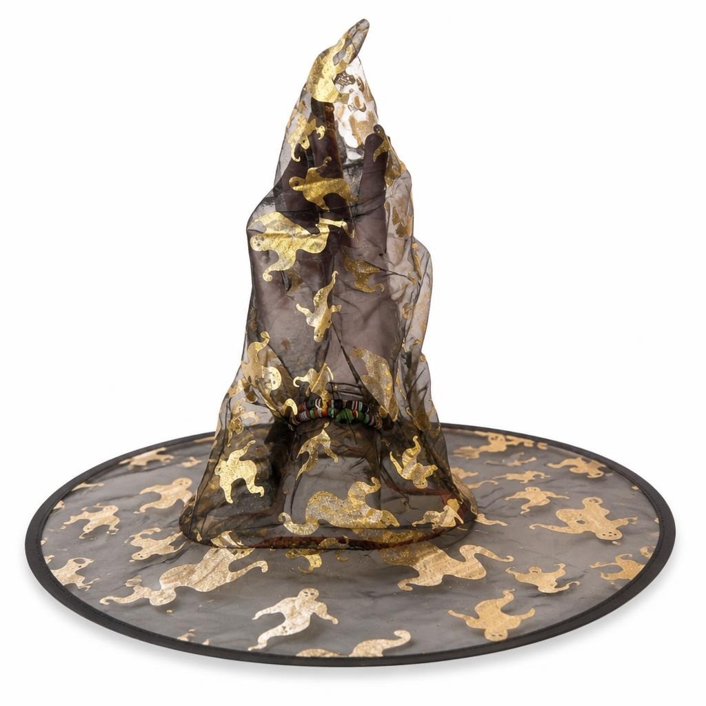 Halloween Witch Hat, Brown Gold Ghost Print - pre-loved at Why Go Less, Lebanon