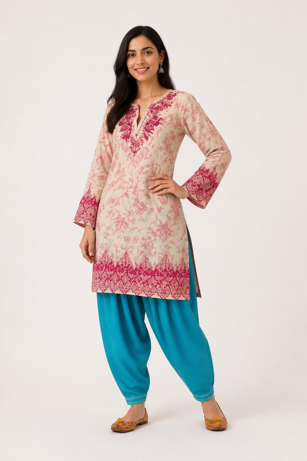South Asian Kurta Set, Floral Print, Teal Trousers - pre-loved at Why Go Less, Lebanon