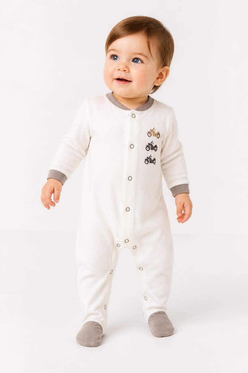 White Baby Romper Motorcycles Embroidery Snap Buttons - pre-loved at Why Go Less, Lebanon