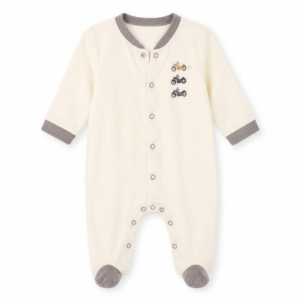 White Baby Romper Motorcycles Embroidery Snap Buttons - pre-loved at Why Go Less, Lebanon