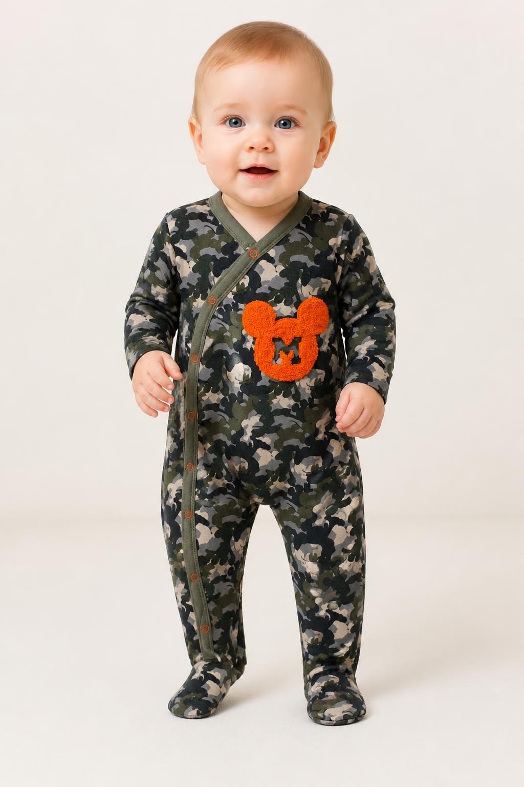 Disney Baby Mickey Camo Orange Footed Romper - pre-loved at Why Go Less, Lebanon