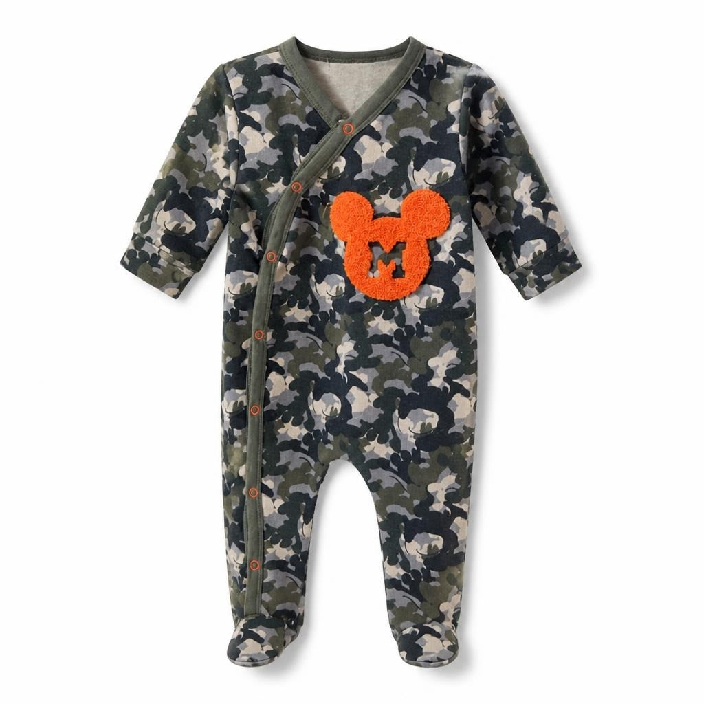 Disney Baby Mickey Camo Orange Footed Romper - pre-loved at Why Go Less, Lebanon