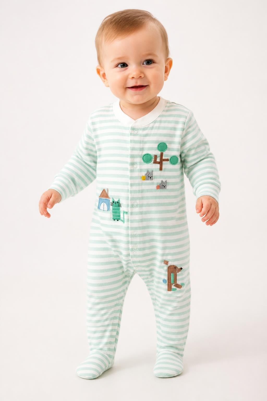 Mint White Stripe Footed Baby Sleepsuit Cats - pre-loved at Why Go Less, Lebanon