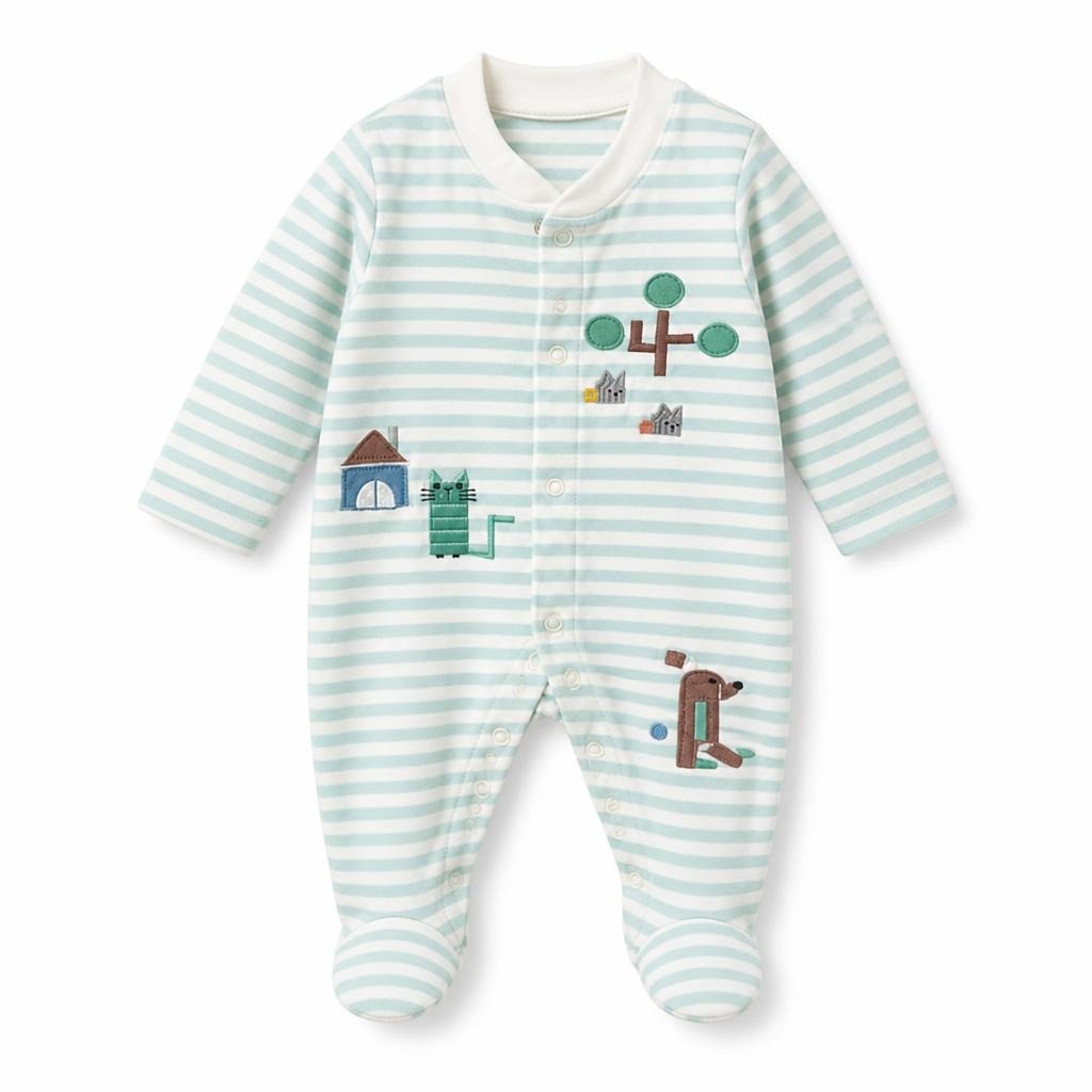 Mint White Stripe Footed Baby Sleepsuit Cats - pre-loved at Why Go Less, Lebanon