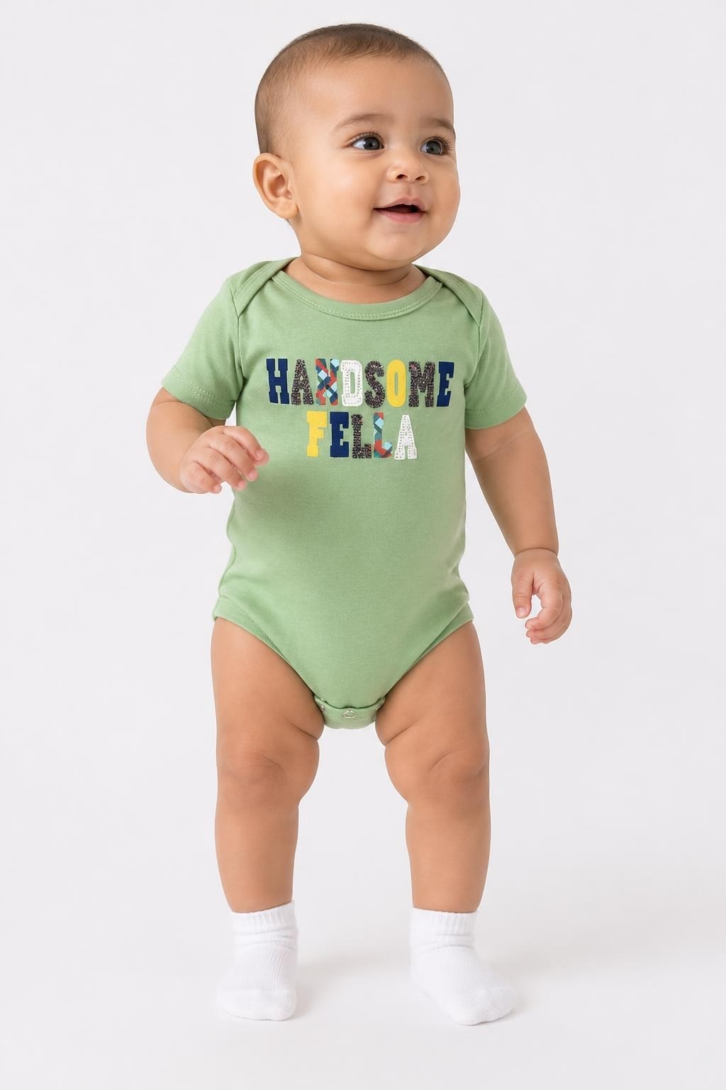 Green Baby Bodysuit Handsome Fella Graphic - pre-loved at Why Go Less, Lebanon