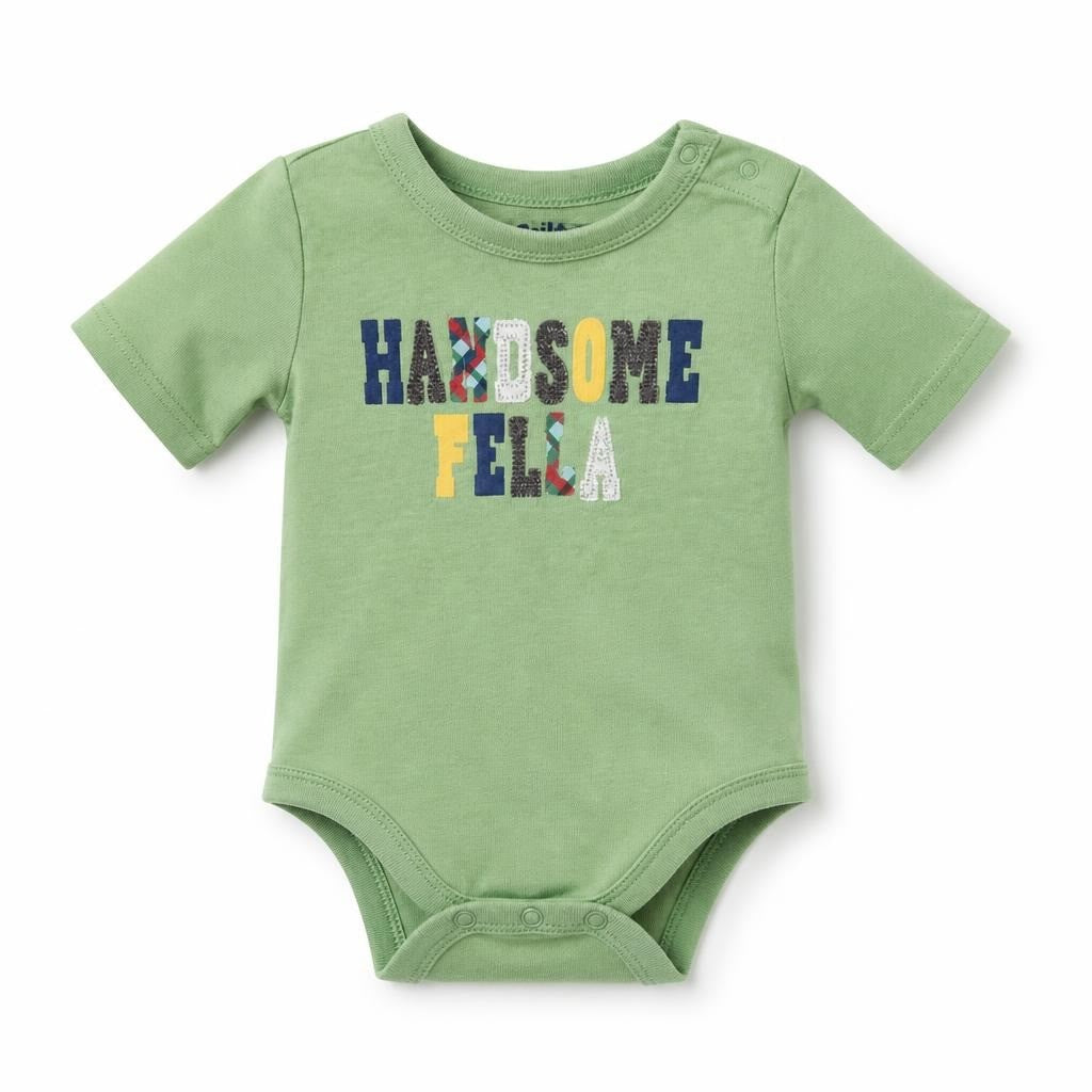 Green Baby Bodysuit Handsome Fella Graphic - pre-loved at Why Go Less, Lebanon